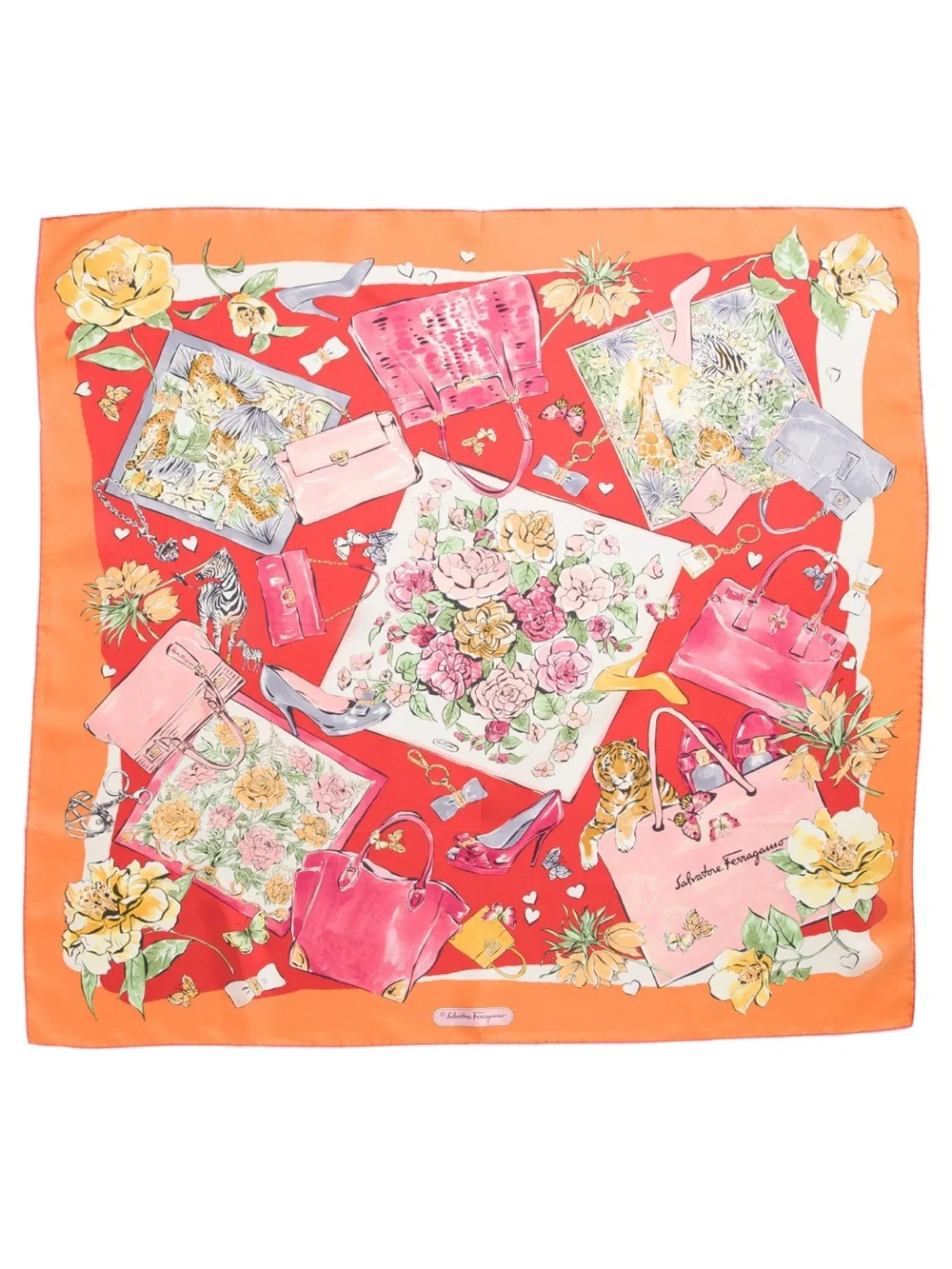Salvatore Ferragamo 100% Silk Floral Handbag Print Scarf Orange Pink
